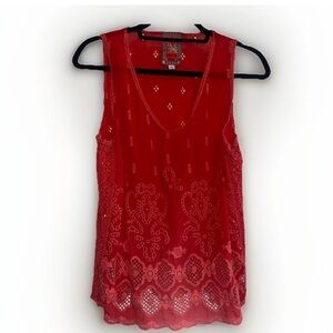 Johnny Was Women's Embroidered Tank Top Red Eyelet Shirt US Size S #W2927